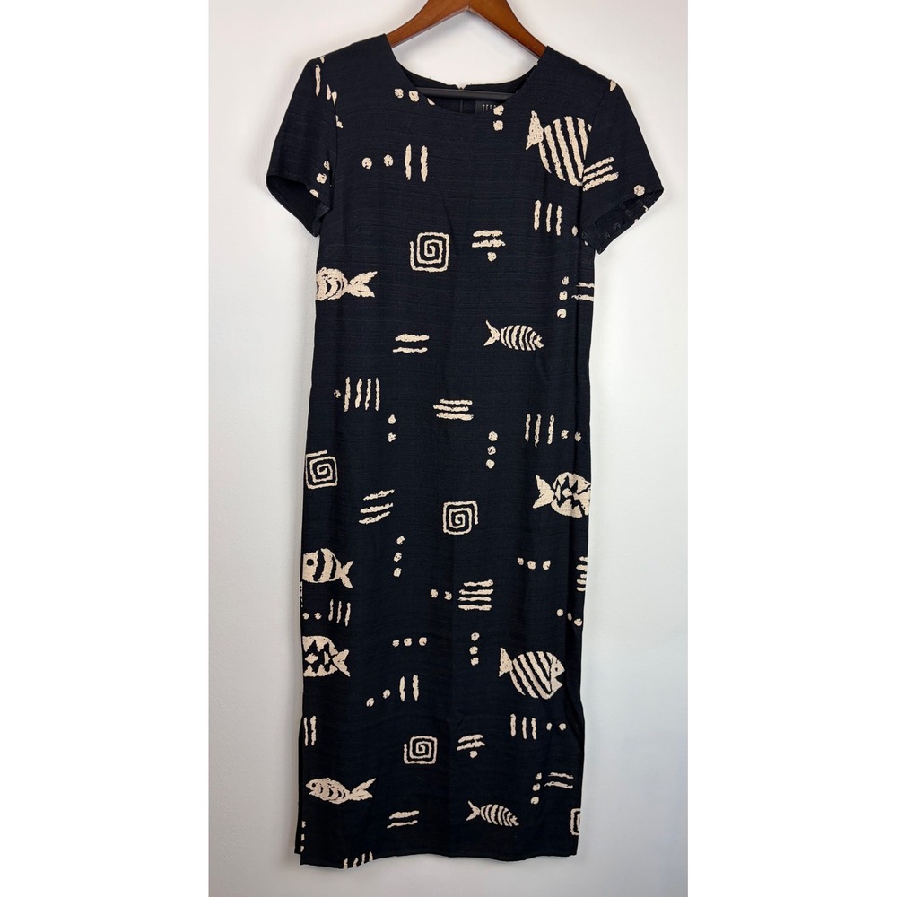 Vintage Teddi Maxi Dress 6 Black Cream Fish 90s Resort Vacation Cruise Beach